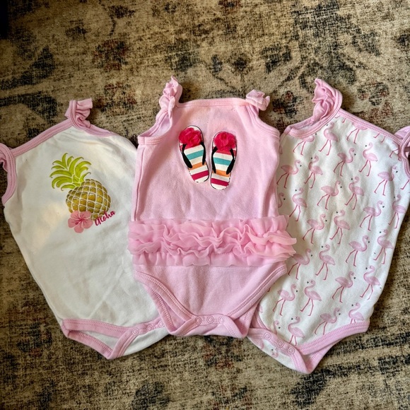 Baby Girl Summer Bodysuit Set (3) | Size 6-9M | Tropical Flamingo & Ruffles - Picture 1 of 8